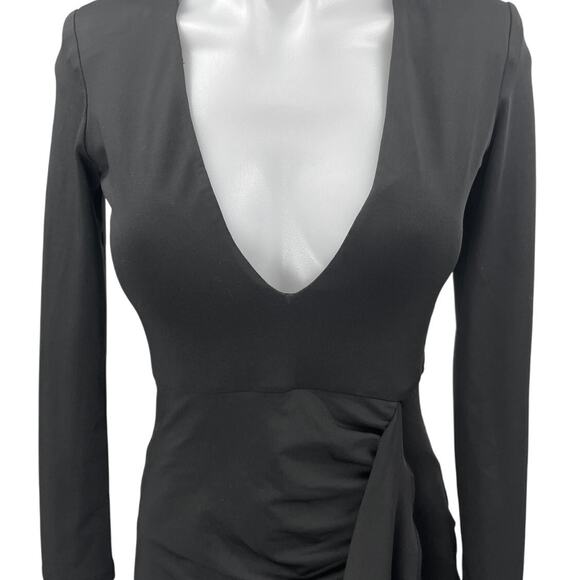 Superdown Martyna Black Long Sleeve V-Neck Ruched Draped Mini Bodycon Dress Sz S - Picture 3 of 5
